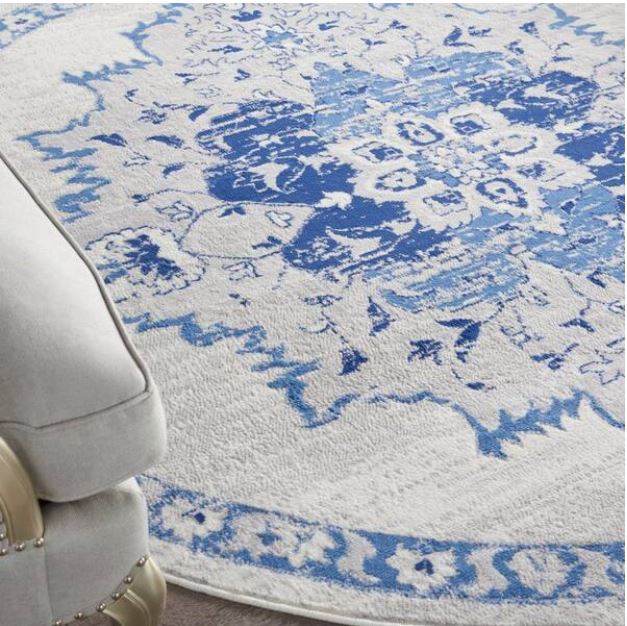 Whimsical Ivory Blue 8 ft. x 8 ft. Center Medallion Traditional Round Rug
