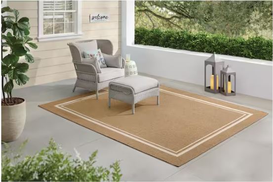 Beige White 5 ft. x 7 ft. Border Indoor/Outdoor Area Rug