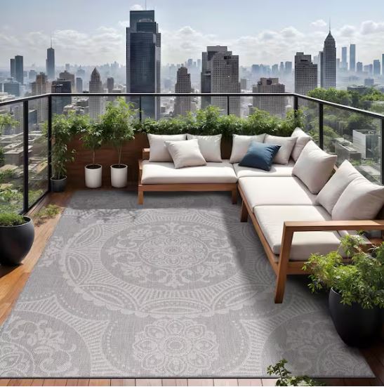 Waikiki Grey/White 6 ft. x 9 ft. Medallion Indoor/Outdoor Area Rug