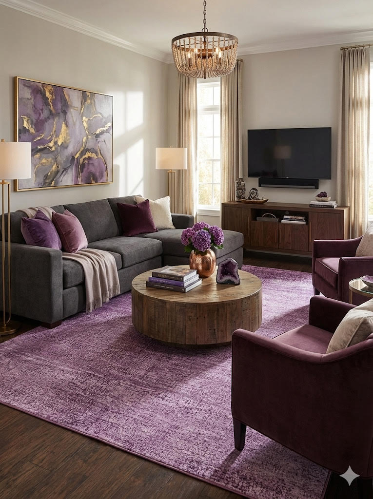 Purple abstract distressed area rug styled in a modern living room with a gray sofa, plum accent chairs, and warm wood furniture.