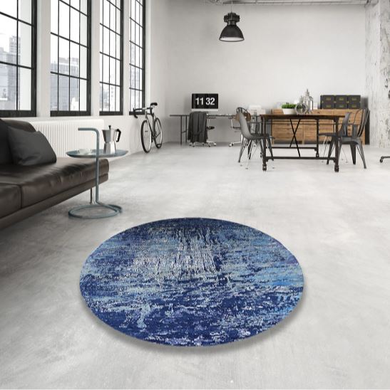 Round 8ft Blue Mid-Century Modern Koi Oriental Rug