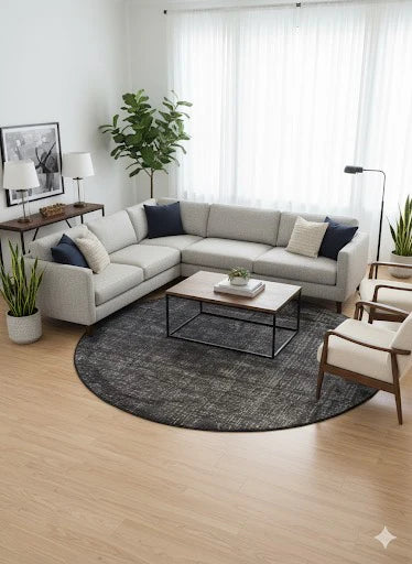 8ft Round Black Abstract Modern Area Rug