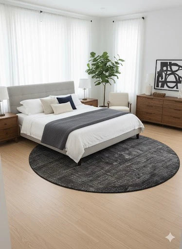 8ft Round Black Abstract Modern Area Rug