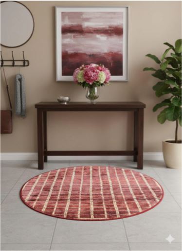 4' Round Red Ivory Grid Geometric Modern Area Rug