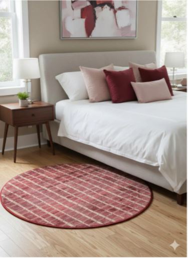 4' Round Red Ivory Grid Geometric Modern Area Rug