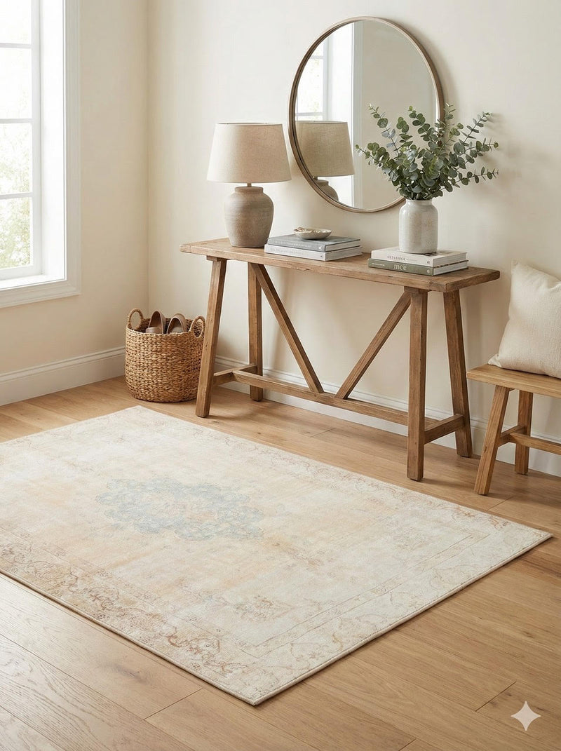 4' x 6' Soft Ivory Cream Faded Sage Vintage-Inspired Medallion Area Rug