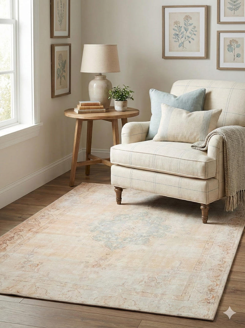 4' x 6' Soft Ivory Cream Faded Sage Vintage-Inspired Medallion Area Rug