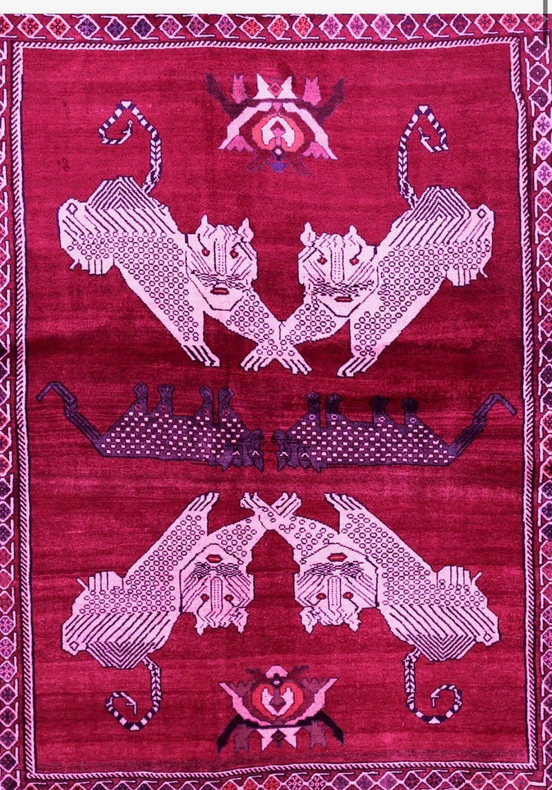 5' x 8' Rust Red & Ivory Animal Motif Tribal Area Rug