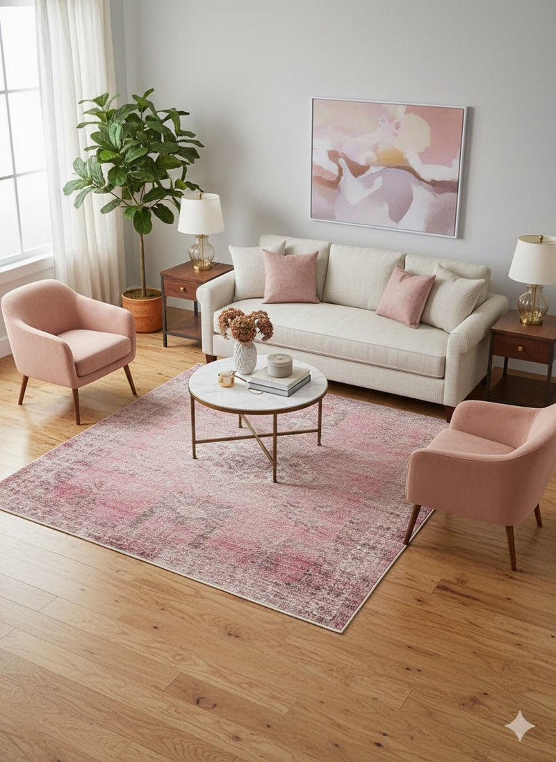 7' x 7' Square Blush Pink & Ivory Light Gray Distressed Medallion Boho Area Rug