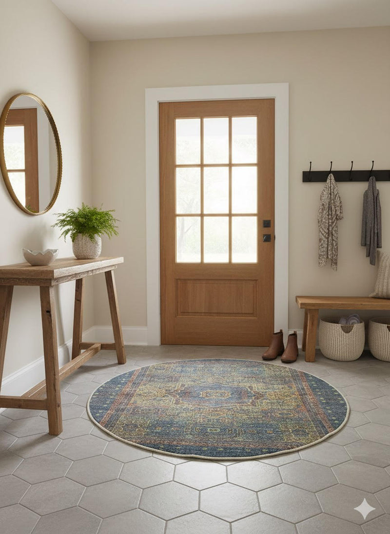 5' Round Multi Color Distressed Medallion Vintage Area Rug