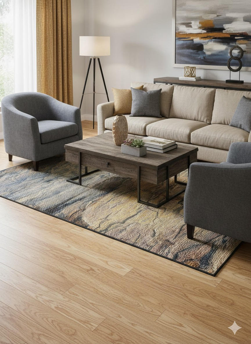 5' x 7' Rectangular Blue Brown Tan Gold Abstract Modern Area Rug