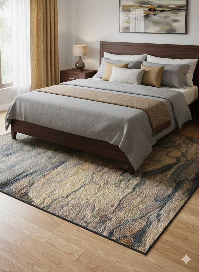 5' x 7' Rectangular Blue Brown Tan Gold Abstract Modern Area Rug