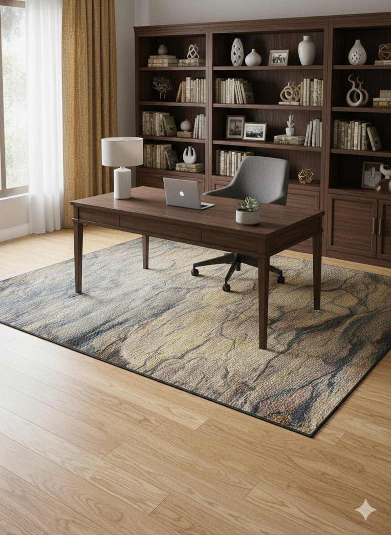 5' x 7' Rectangular Blue Brown Tan Gold Abstract Modern Area Rug