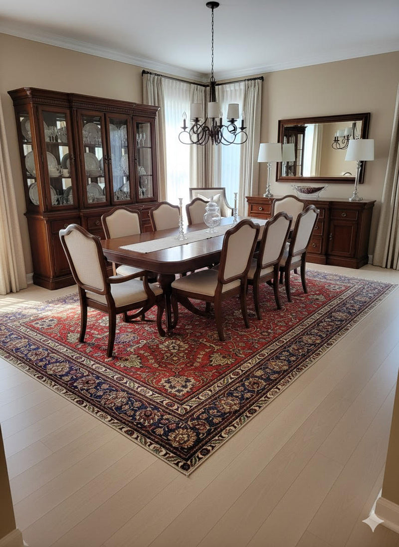 8' x 12' Rectangular Red & Navy Floral Traditional Area Rug