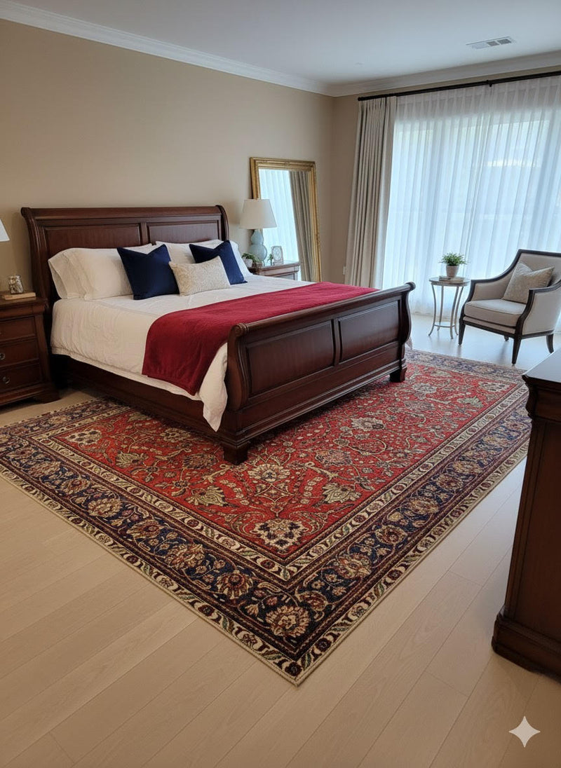 8' x 12' Rectangular Red & Navy Floral Traditional Area Rug