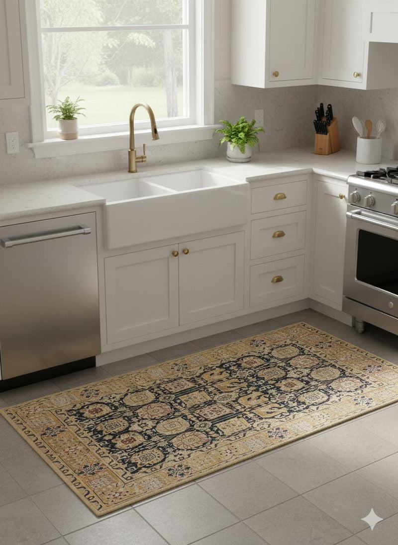 2' x 5' Rectangular Warm Beige Black Tan Geometric Tribal Traditional Area Rug