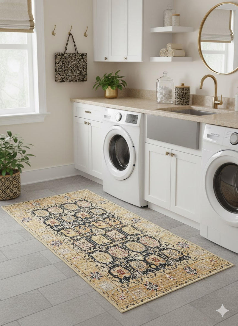 2' x 5' Rectangular Warm Beige Black Tan Geometric Tribal Traditional Area Rug