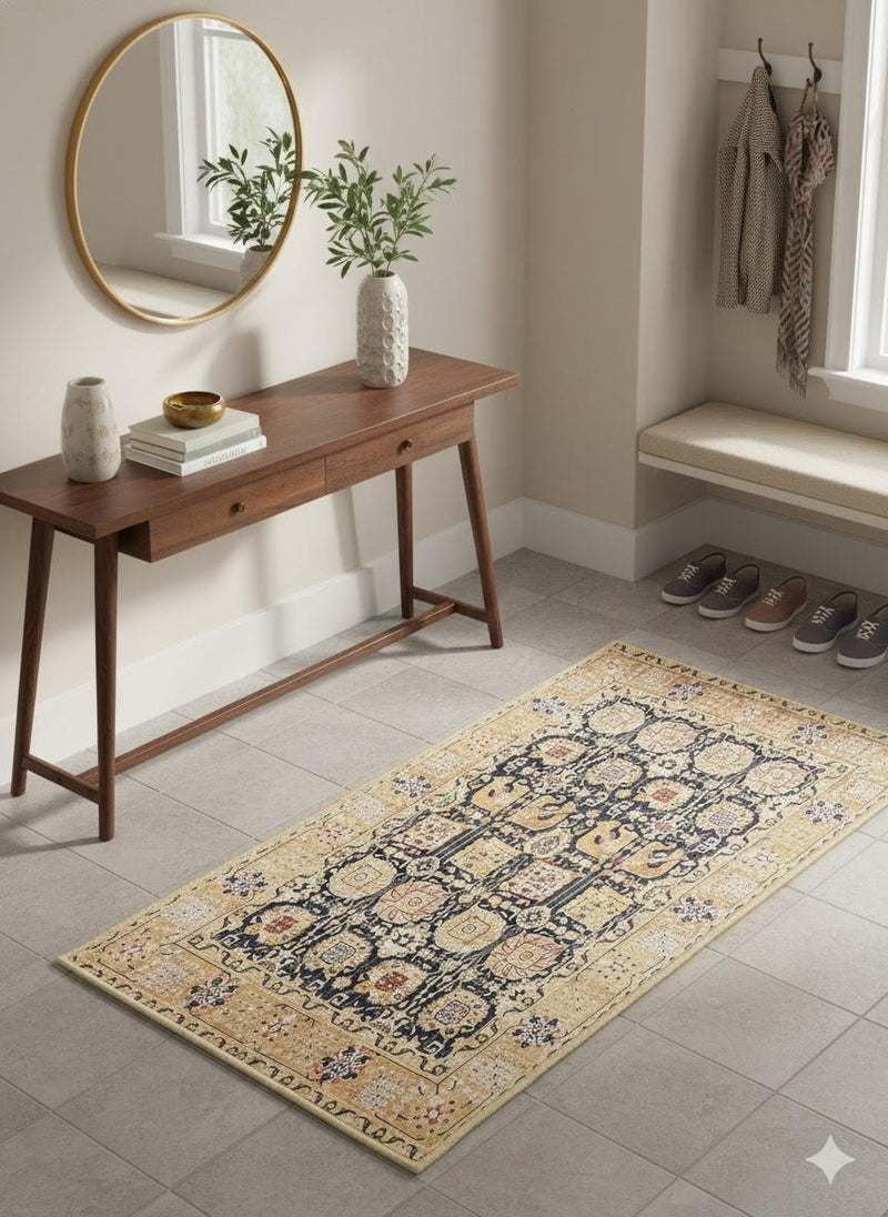 2' x 5' Rectangular Warm Beige Black Tan Geometric Tribal Traditional Area Rug