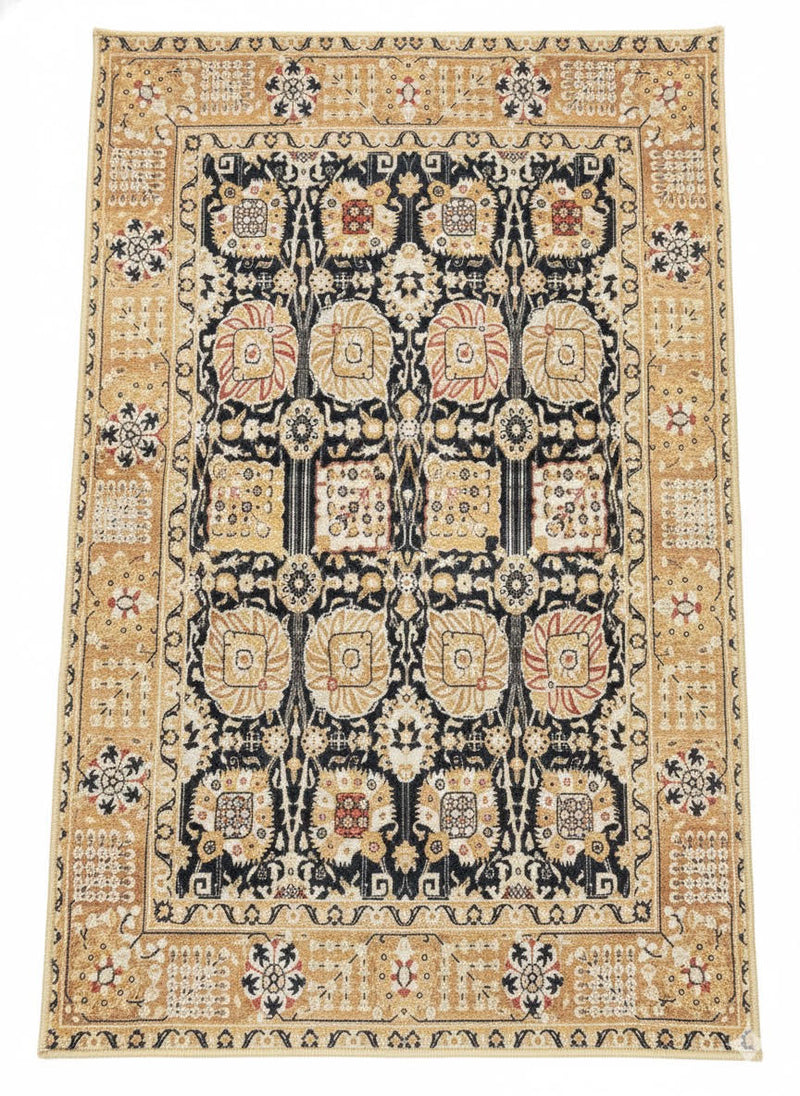 2' x 5' Rectangular Warm Beige Black Tan Geometric Tribal Traditional Area Rug