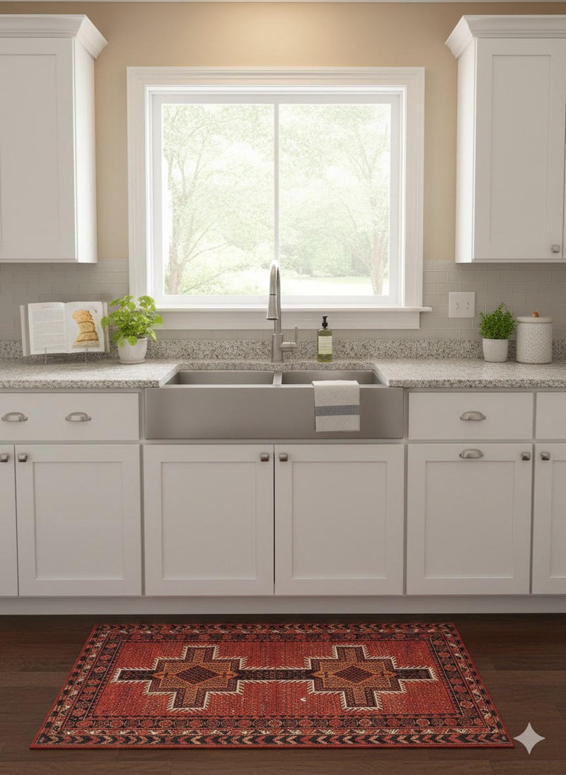 3' x 5' Rectangular Rust Red Soft Ivory Cream Geometric Tribal Area Rug