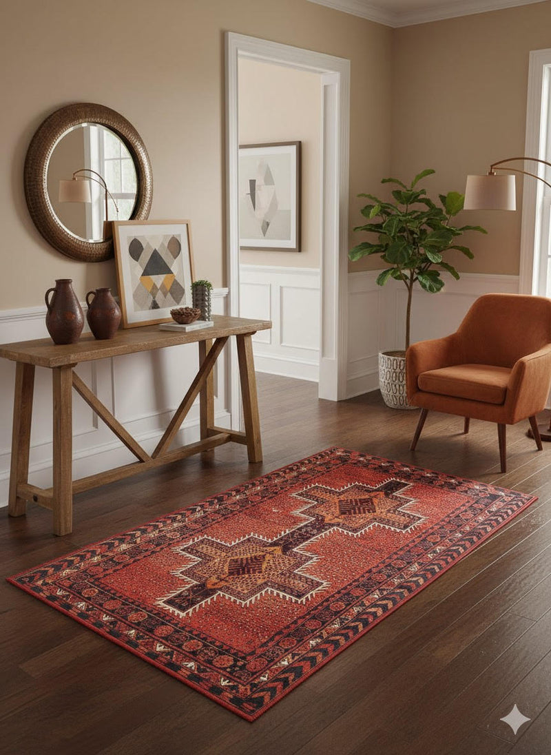 3' x 5' Rectangular Rust Red Soft Ivory Cream Geometric Tribal Area Rug