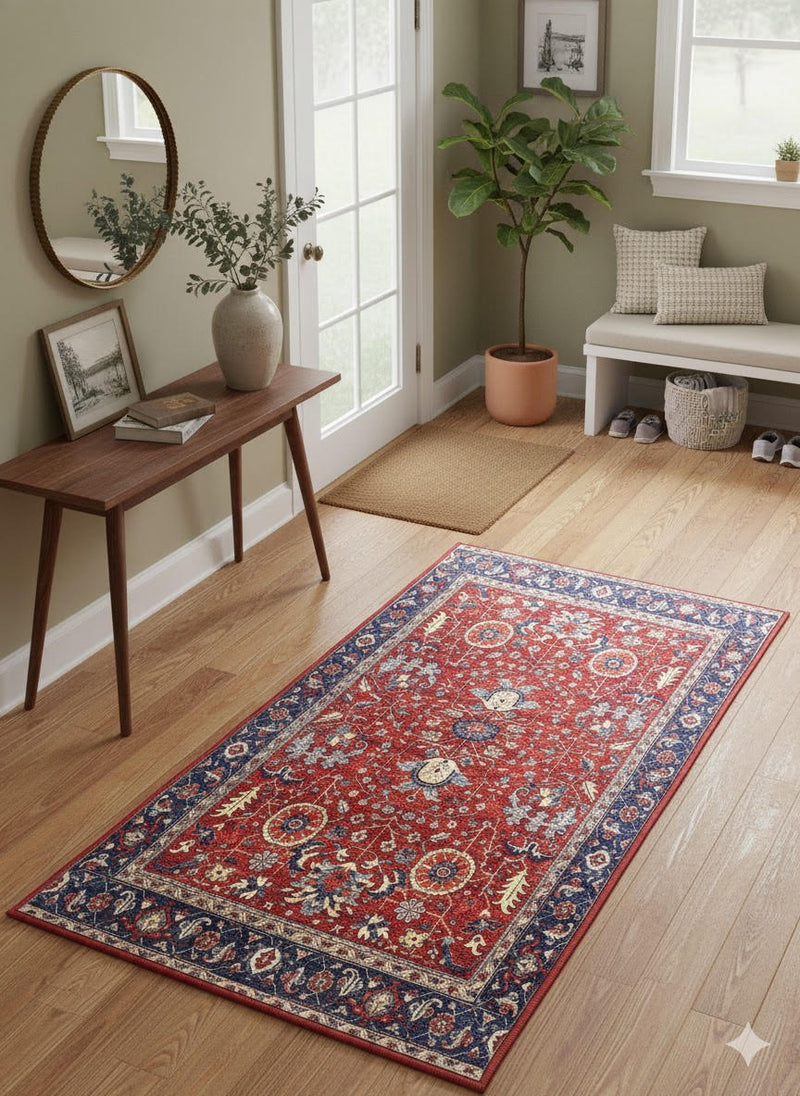 2' x 5' Rectangular Blue Red Floral Traditional Area Rug