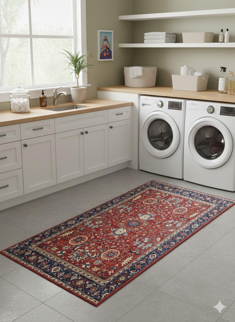 2' x 5' Rectangular Blue Red Floral Traditional Area Rug