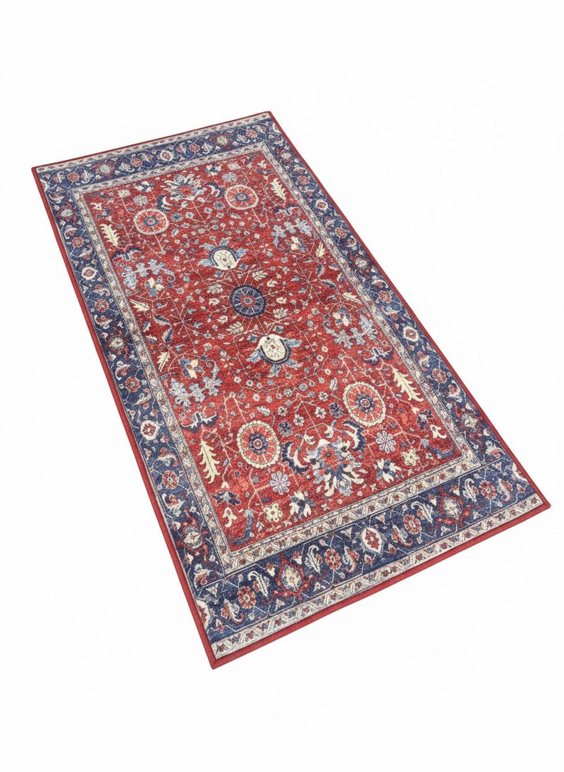 2' x 5' Rectangular Blue Red Floral Traditional Area Rug