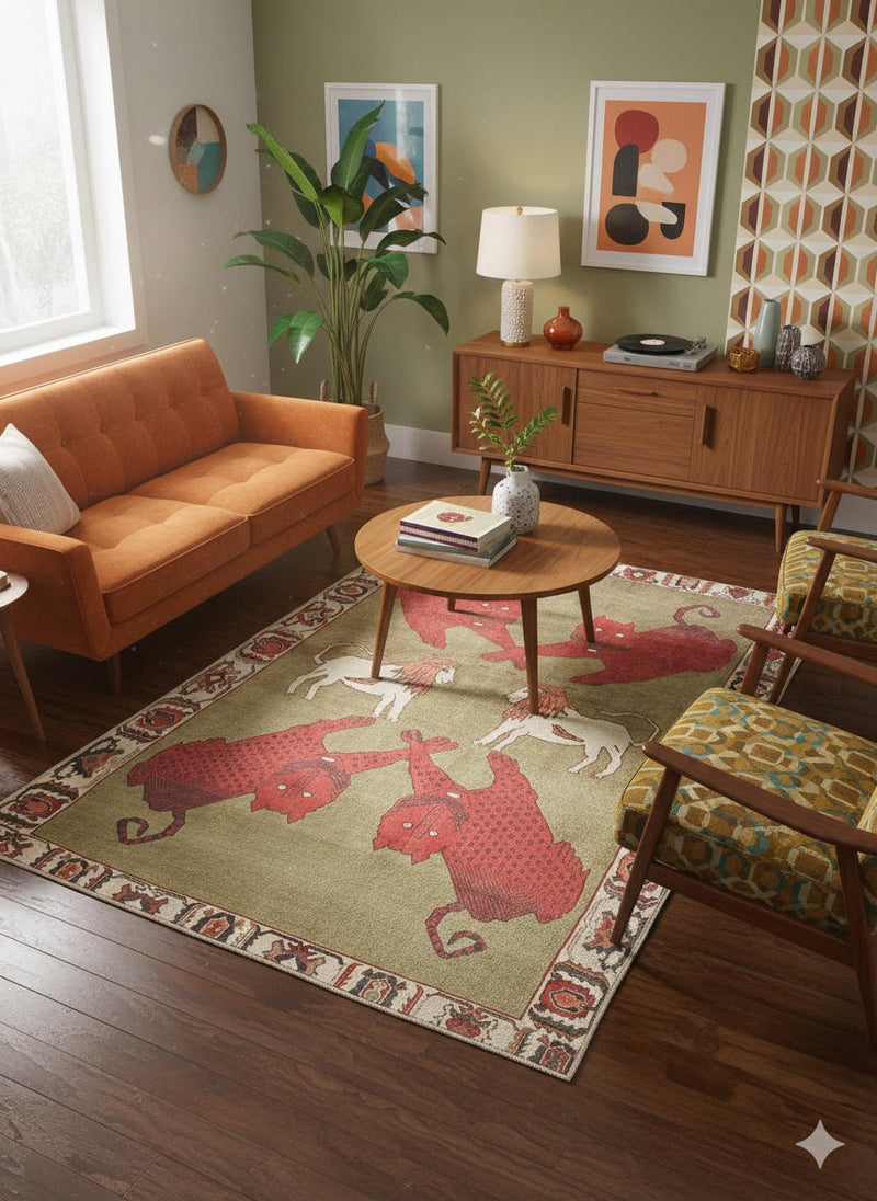 6' x 9' Rectangular Moss Green Brick Red & Crimson Animal Motif Traditional Area Rug