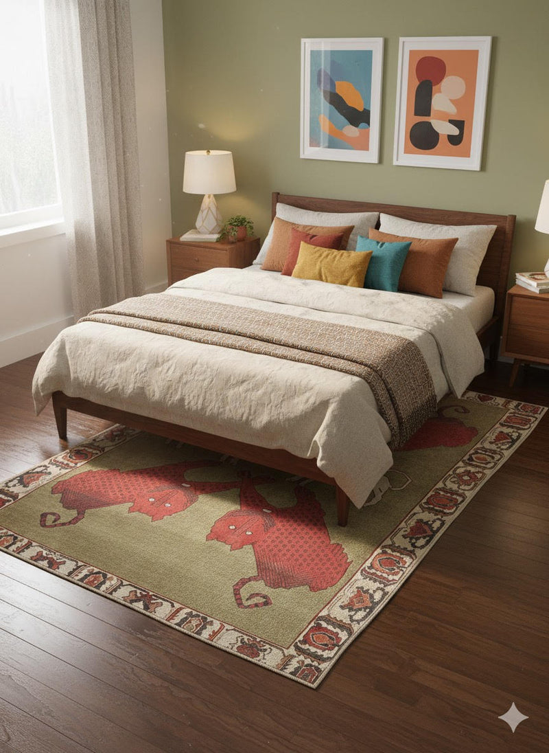 6' x 9' Rectangular Moss Green Brick Red & Crimson Animal Motif Traditional Area Rug