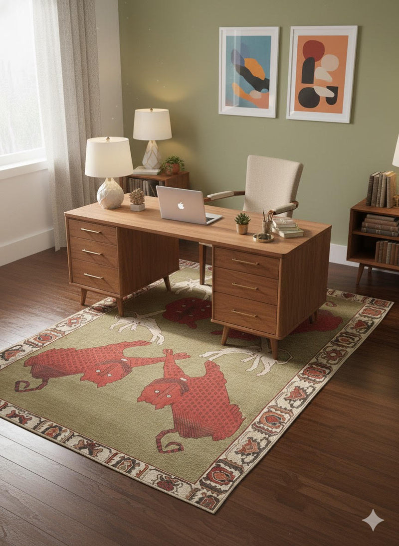 6' x 9' Rectangular Moss Green Brick Red & Crimson Animal Motif Traditional Area Rug