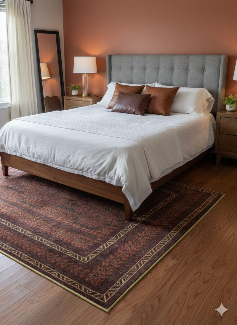 5' × 7' Rectangular Dark Brown Rust Geometric Tribal Area Rug