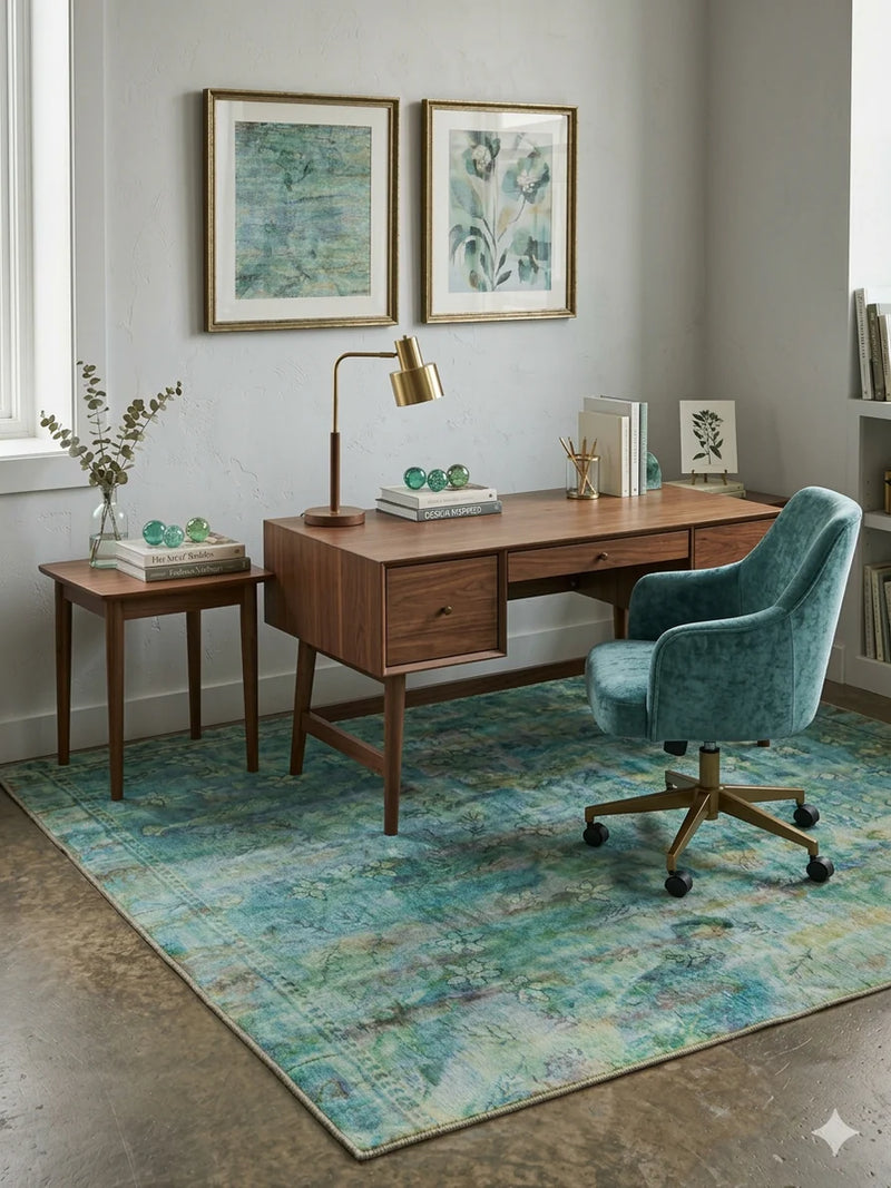 6' x 6' Square Blue Green Distressed Floral Vintage Transitional Area Rug