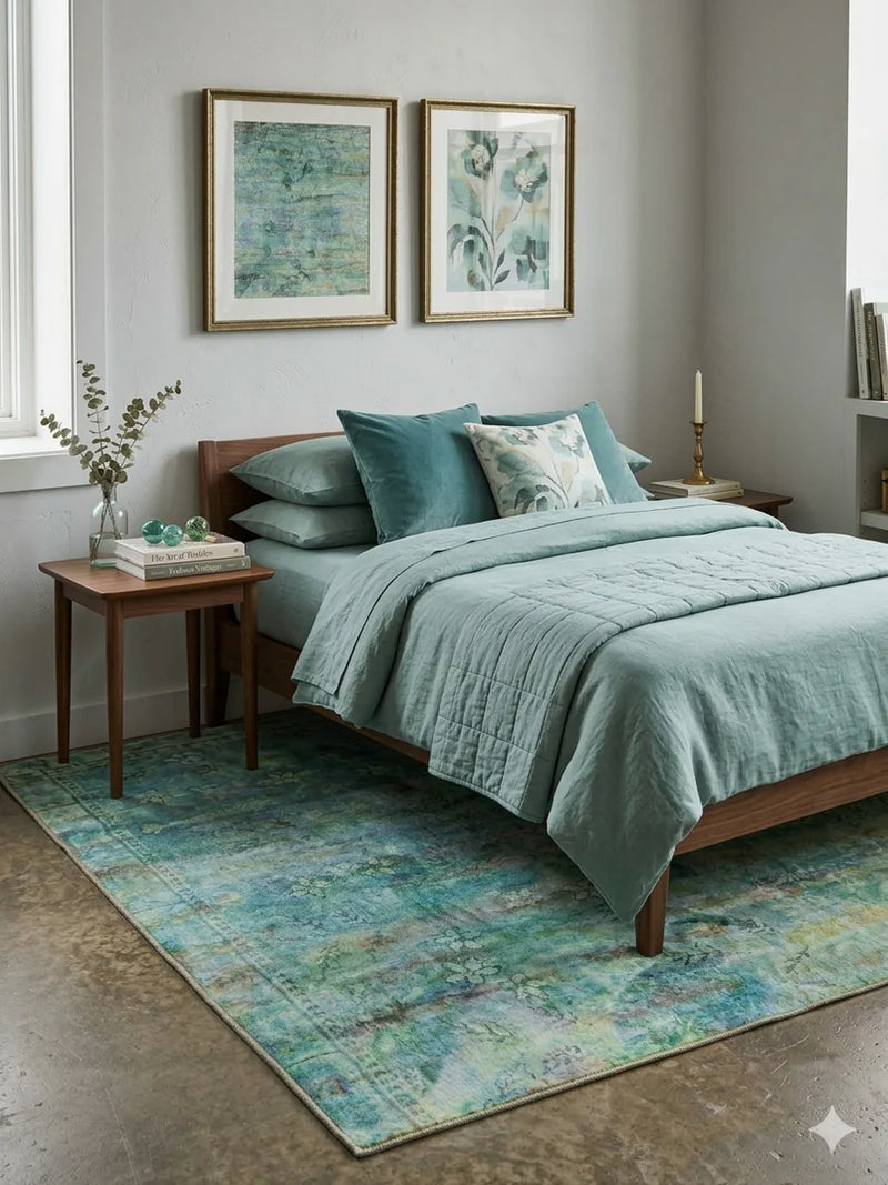 6' x 6' Square Blue Green Distressed Floral Vintage Transitional Area Rug