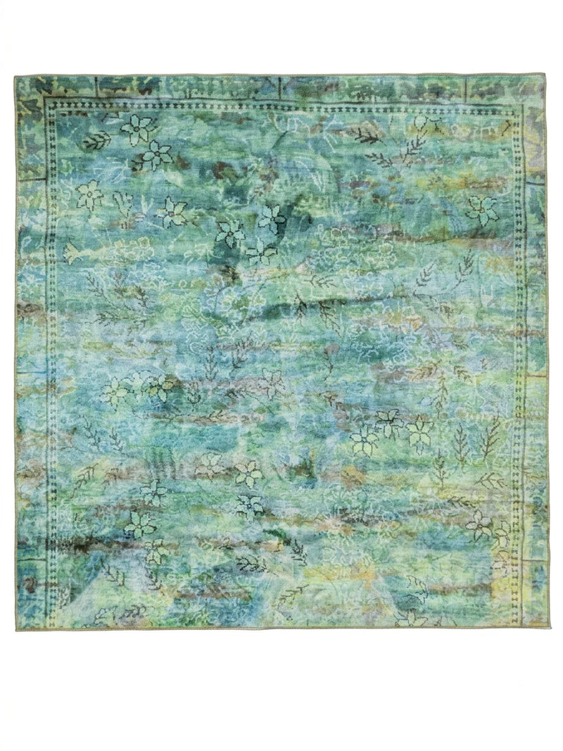 6' x 6' Square Blue Green Distressed Floral Vintage Transitional Area Rug