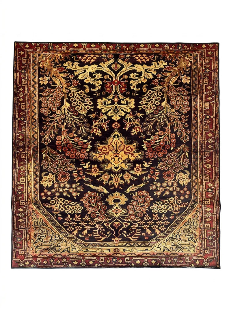 7' x 7' Square Burgundy Gold Floral Medallion Traditional Area Rug