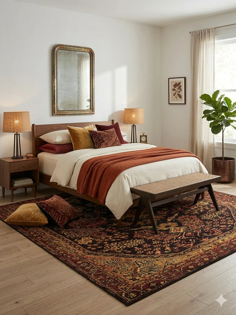 7' x 7' Square Burgundy Gold Floral Medallion Traditional Area Rug