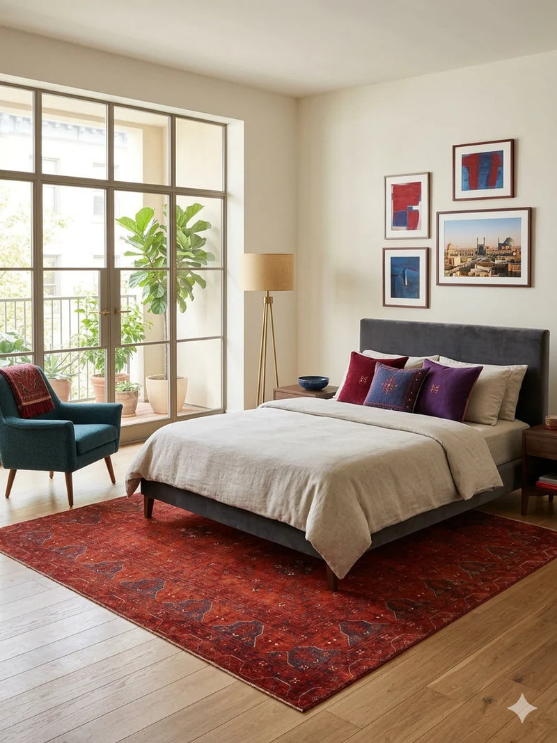 7' x 7' Square Red Distressed Geometric Tribal Vintage Area Rug