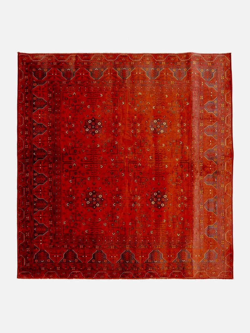 7' x 7' Square Red Distressed Geometric Tribal Vintage Area Rug