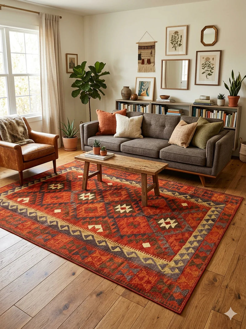 7' x 9' Rectangular Red Geometric Tribal Southwestern Area Rug