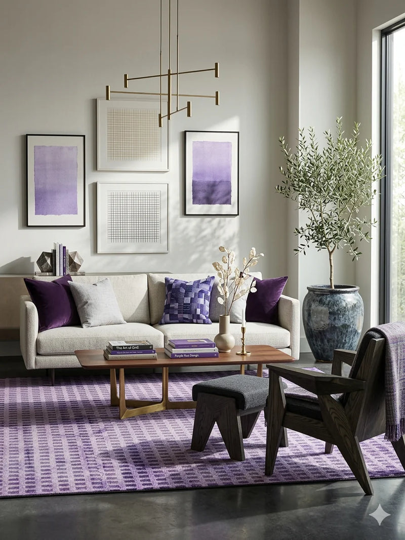 7' x 7' Square Purple Distressed Grid Geometric Modern Area Rug