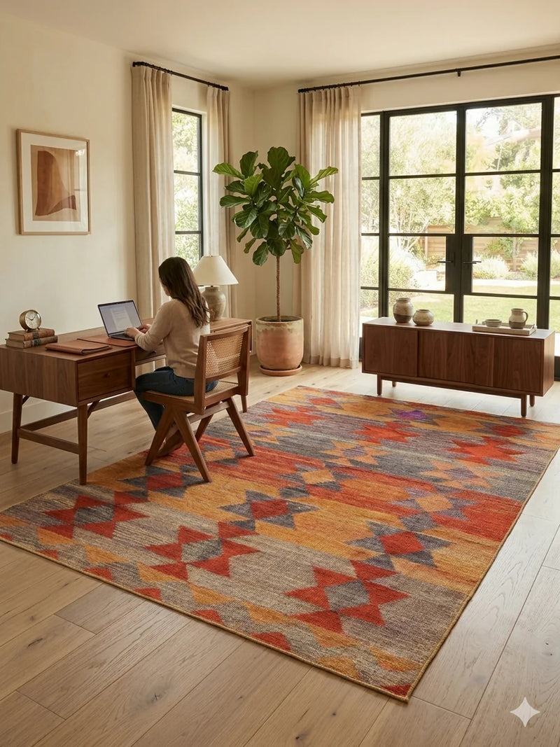 7' x 9' Rectangular Orange Multi Color Geometric Tribal Southwestern Area Rug