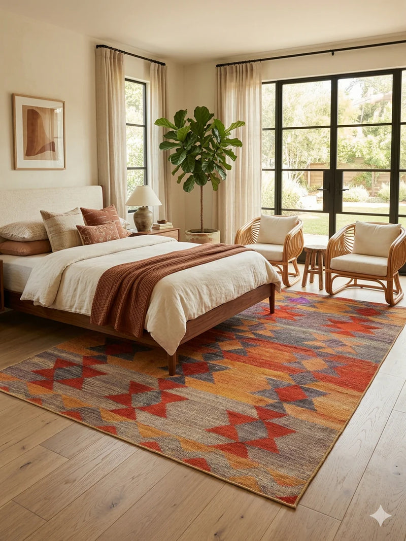 7' x 9' Rectangular Orange Multi Color Geometric Tribal Southwestern Area Rug