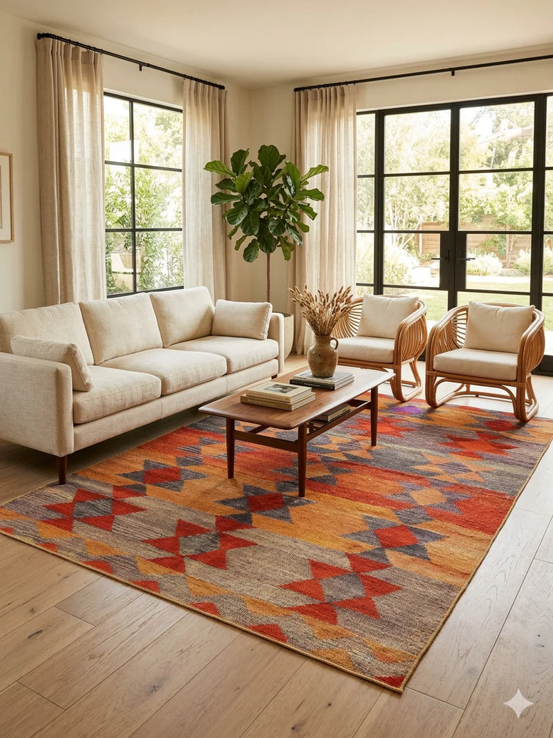 7' x 9' Rectangular Orange Multi Color Geometric Tribal Southwestern Area Rug