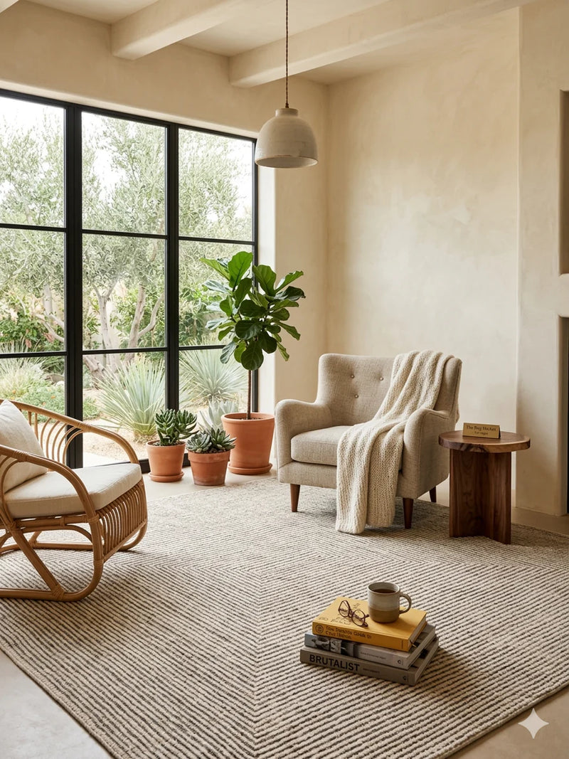 7' x 7' Square Ivory Beige Geometric Linear Modern Area Rug