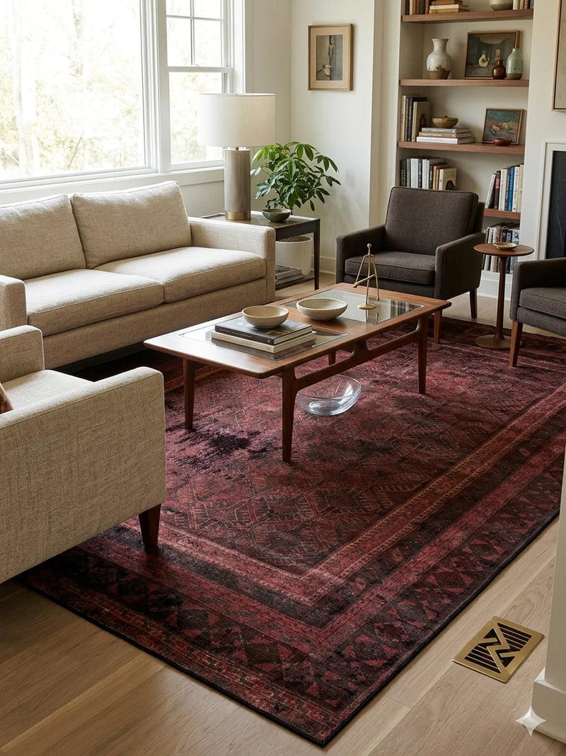 8' x 10' Rectangular Burgundy Black Distressed Geometric Traditional Area Rug