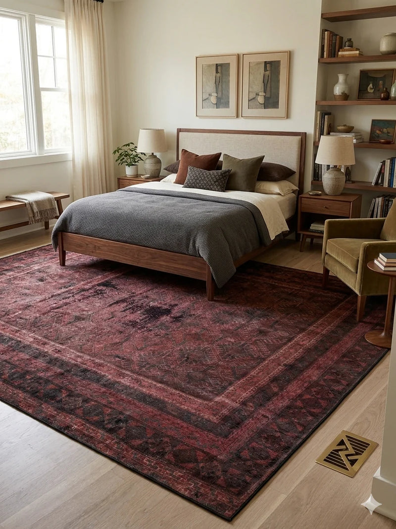 8' x 10' Rectangular Burgundy Black Distressed Geometric Traditional Area Rug
