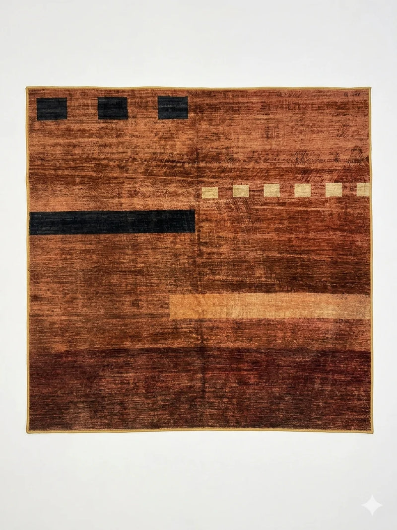 5' x 5' Square Rust Black Abstract Geometric Modern Area Rug
