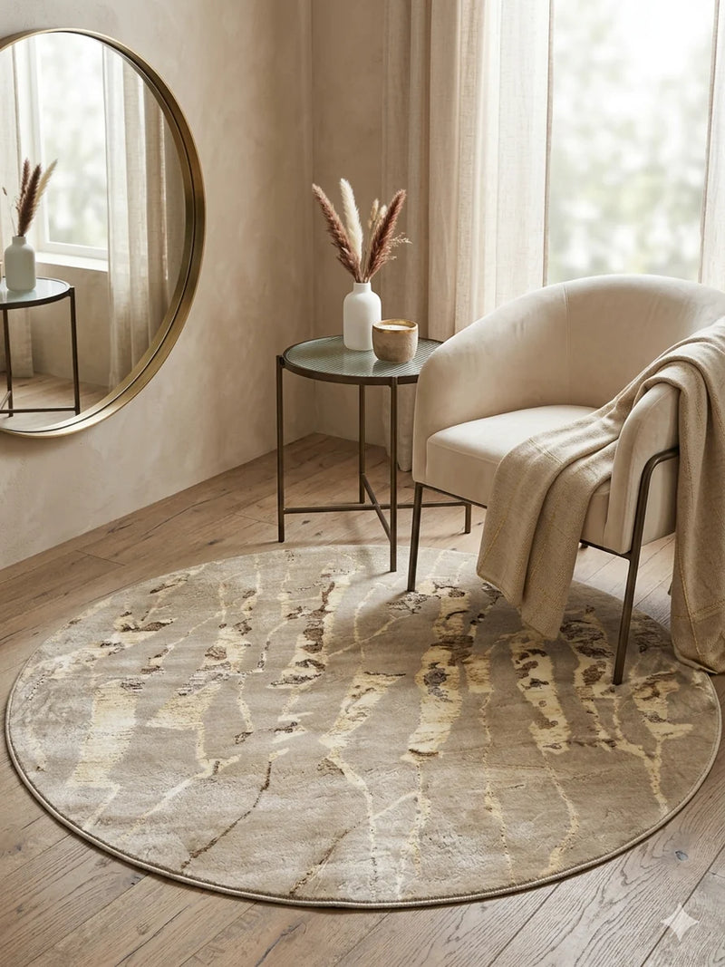 5' Round Beige Ivory Marble Abstract Modern Area Rug