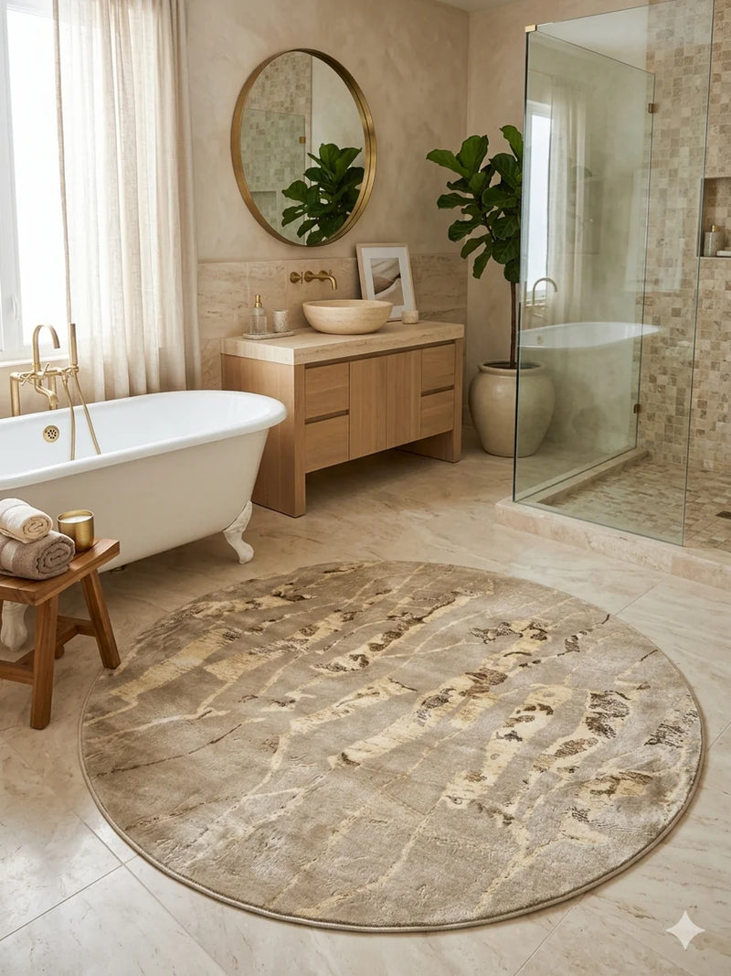 5' Round Beige Ivory Marble Abstract Modern Area Rug